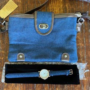 NWT * Gold Coast CROSSBODY Blue DENIM PURSE + Blue DENIM WATCH * 3 zip pockets